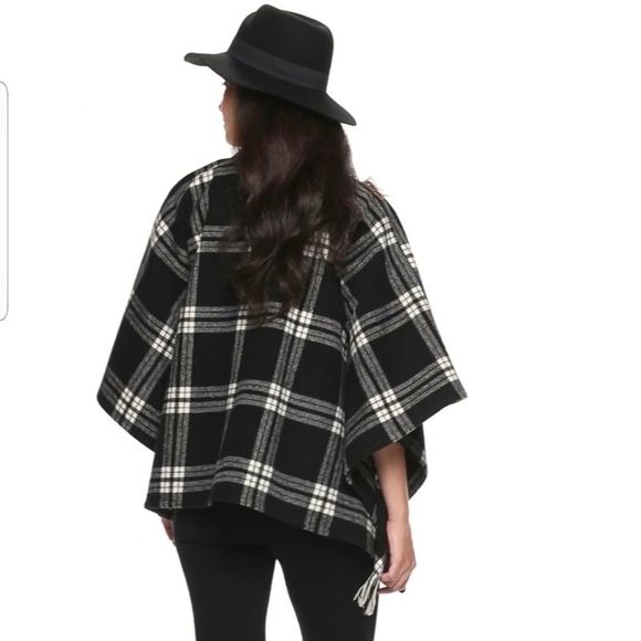 1 DAY SALE NEW ROCK & REPUBLIC Plaid Fringe Moto Biker Poncho Cape Jacket Shawl - Picture 3 of 13